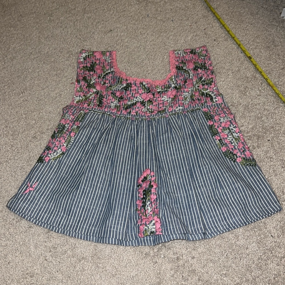 MI GOLONDRINA Flores Blouse Blue Pinstripe‎ Cotton Top Pink Green Embroidery XS